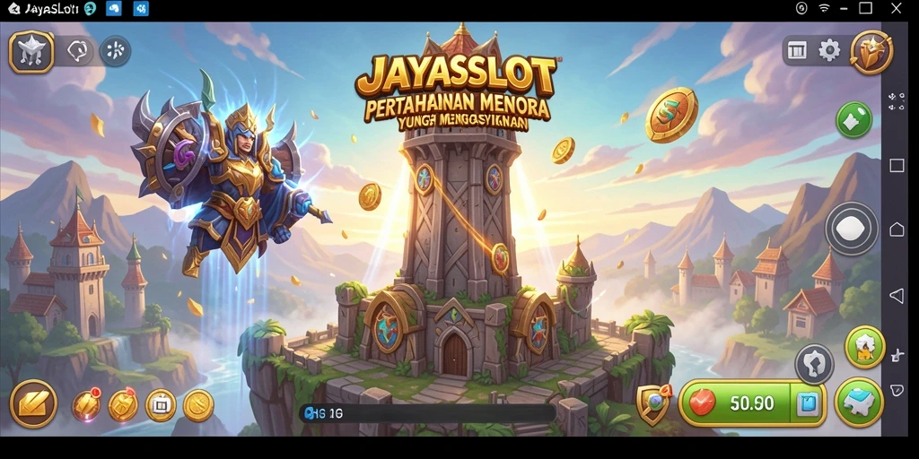 Screenshot gameplay JAYASLOT menampilkan serangan menara yang strategis.