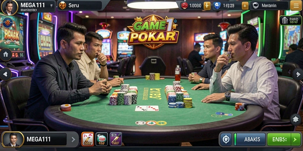 Tampilan gameplay seru dari MEGA111 yang menampilkan aksi Poker nyata.