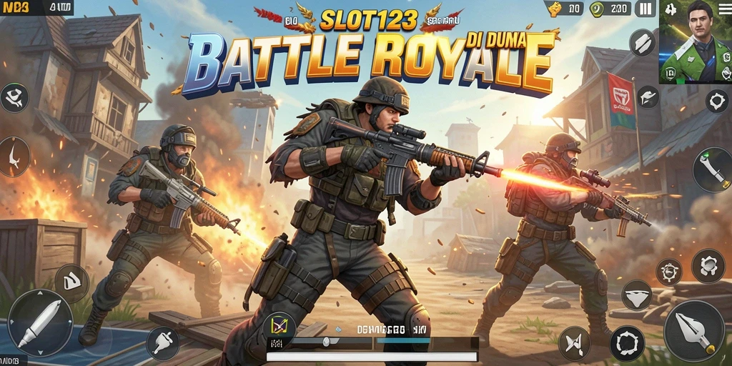 Screenshot SLOT123 menunjukkan pertarungan seru dalam arena Battle Royale.