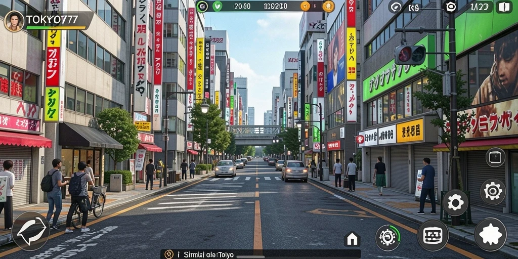 Tangkapan layar dari gameplay TOKYO77 yang menunjukkan suasana Tokyo.